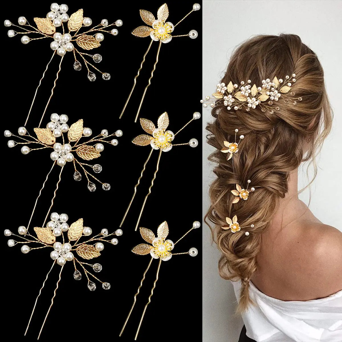 6 Pieces Bridal Hair Pins Gold Leaf